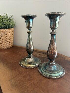 Antique-Style Iridescent Silver plated Candlestick Pair 7.5” tall